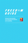 Image of the front cover of the European Disability Forum Freedom Guide, with its title in white on a blue background