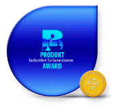 Award logo: blue teardrop shape with 'Produkt 'Badkomfort fr Generationen' Award' written inside and yellow disc to one side